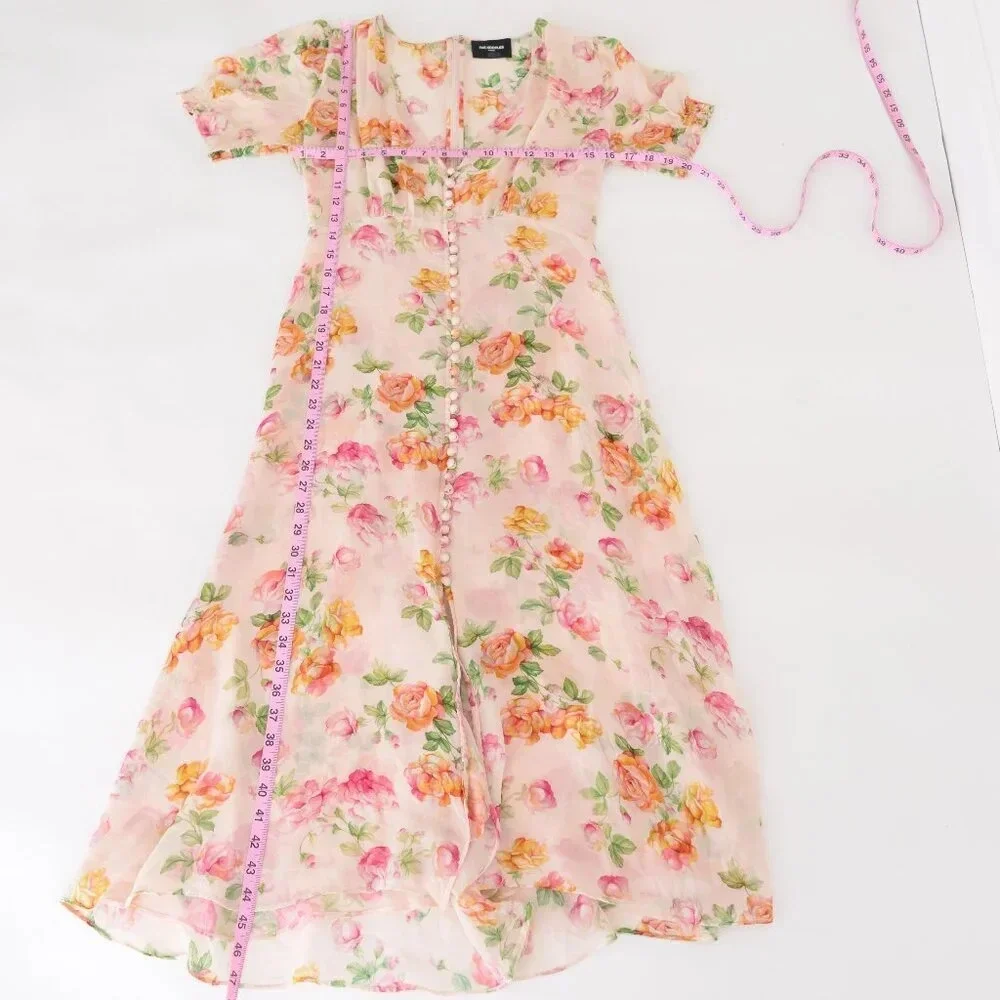 Kooples  Antique Pink Floral 100% Silk Puff Sleeve Button Down Slip Midi Dress - Picture 2 of 14